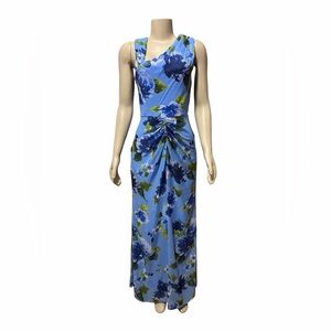 NWT Adrianna Papell Printed Chiffon Gown Size 8 Blue Floral Ruched Maxi Dres